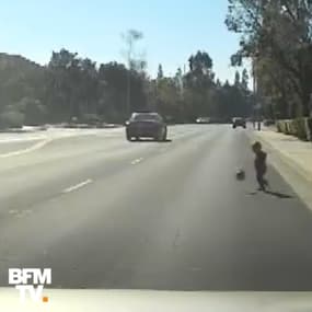 Un bambin s’égare sur le bord de la route en Californie