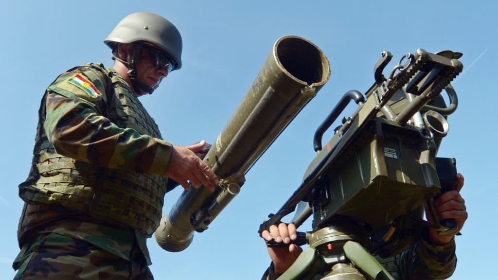 Des combattants kurdes s'entraînent à la mise en place d'un missile antichar Milan au centre d'entraînement de l'infanterie des forces armées allemandes dans le sud de l'Allemagne, le 2 octobre 2014. (illustration) Des combattants kurdes s'entraînent à la mise en place d'un missile antichar Milan au centre d'entraînement de l'infanterie des forces armées allemandes dans le sud de l'Allemagne, le 2 octobre 2014. (illustration)
