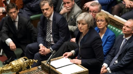La Première ministre britannique Theresa May, sur une photographie transmise par le Parlement, lors du vote sur l'accord avec l'Union européenne le 15 janvier 2019.