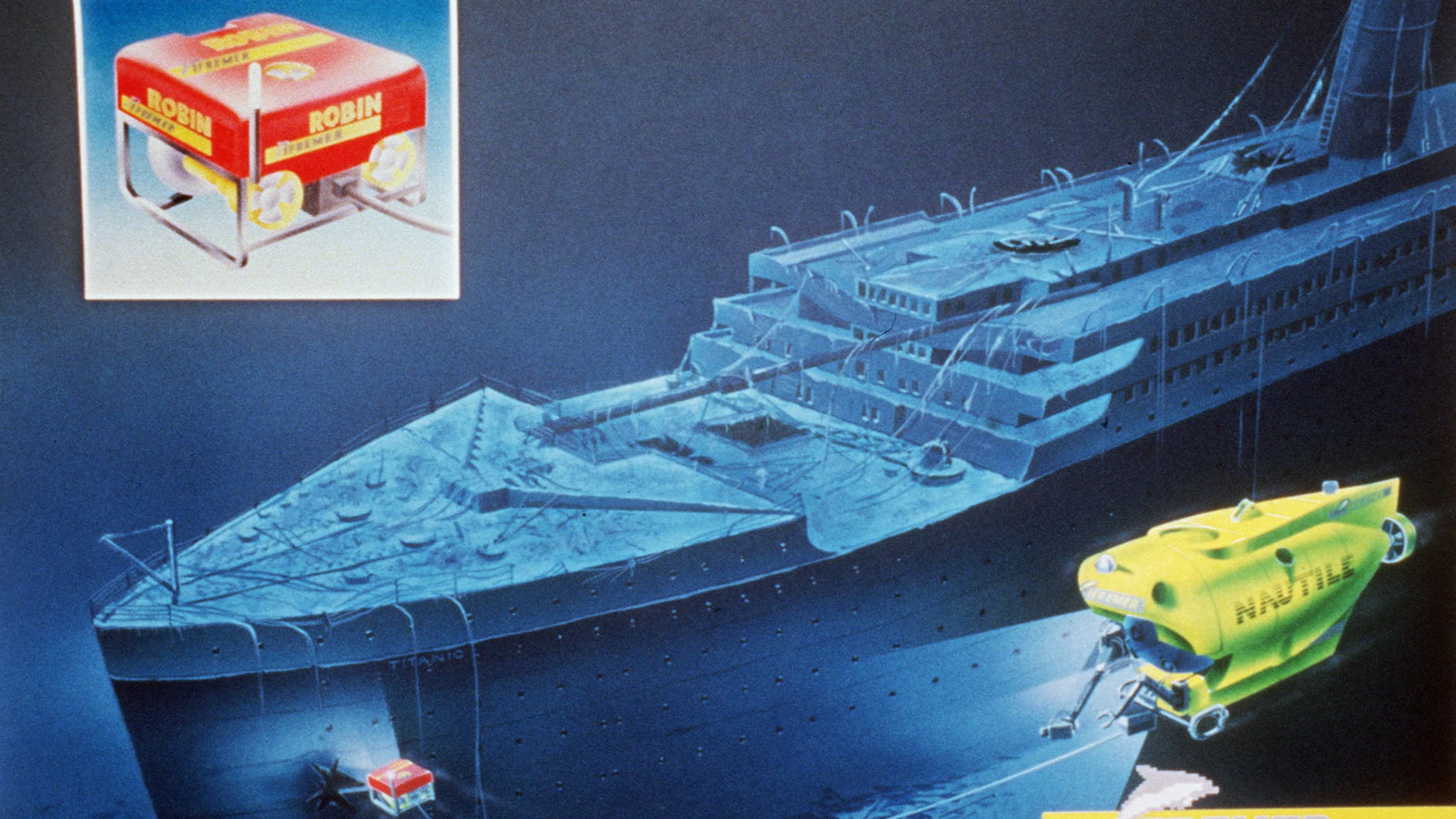 Montage de deux documents datés de 1986 représentant un dessin du robot "Robin" construit par l'Ifremer (l'Institut français de Recherche pour l'Exploitation de la mer) et son utilisation sur l'épave du Titanic à 4000 mètres de fond. 
