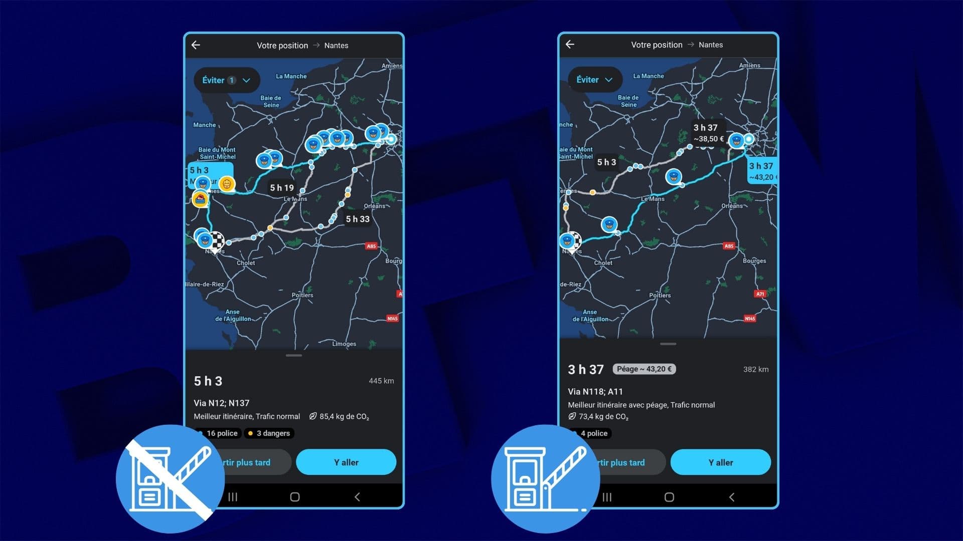Différence de temps de trajet entre l'option sans péage (à gauche) et l'option avec péage (à droite) pour un Paris - Nantes Différence de temps de trajet entre l'option sans péage (à gauche) et l'option avec péage (à droite) pour un Paris - Nantes