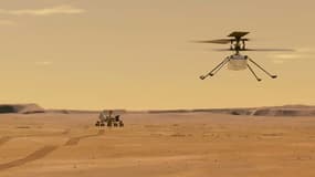 Illustration fournie par la Nasa de l'hélicoptère Ingenuity, qui doit tenter son premier vol sur Mars dans la nuit de dimanche à lundi, sous le regard du rover Perseverance