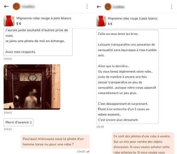 Captures d'écran de conversations d'Élodie avec un internaute à la recherche de photos de jeunes femmes.