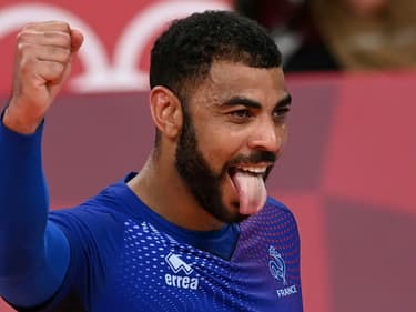La star de l'équipe de France Earvin Ngapeth, très en vue contre la Slovaquie, comme ici lors de la finale olympique à Tokyo, le 7 août 2021
