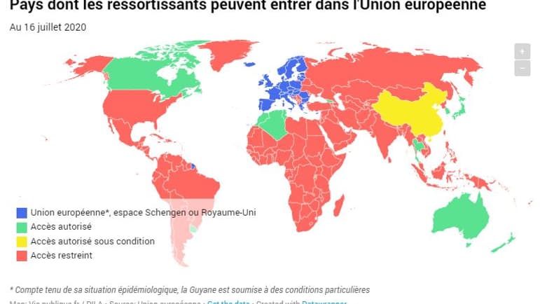 Carte des pays dont les ressortissants peuvent entrer dans l'UE au 16 juillet 2020. Carte des pays dont les ressortissants peuvent entrer dans l'UE au 16 juillet 2020.