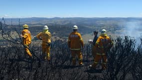 Des pompiers au Mont Victoria où les incendies ont tout ravagé, le 23 octobre.