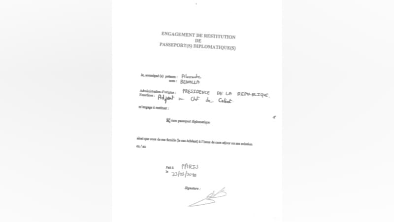 La lettre d'engagement de restitution des passeports diplomatiques, signée par Alexandre Benalla en mai 2018.