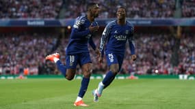 Ousmane Dembélé célèbre son but lors du match Arsenal-PSG (0-1, Ligue des champions), le 29 avril 2025