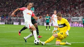 Alexander Nübel face à Yussuf Poulsen lors de Leipzig-Stuttgart, le 25 août 2023