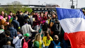 Des manifestants lors d'un rassemblement à l'appel de la CGT, le 29 avril 2023 à Saint-Denis près de Paris 