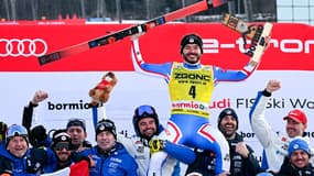 Cyprien Sarrazin lors de sa victoire en Coupe du monde sur la descente de Bormio, le 28/12/2023