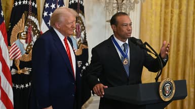 Tiger Woods et Donald Trump à La Maison Blanche lors d'une réception pour le mois de l'histoire des Noirs (Black History Month), le 20 février 2025