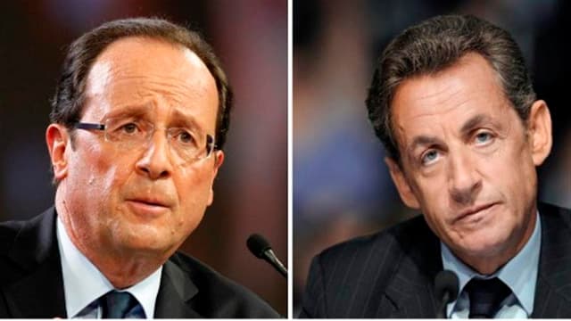 L'écart s'amenuise entre Nicolas Sarkozy et François Hollande qui reste toutefois en tête des intentions de vote pour le premier tour de l'élection présidentielle (28% contre 27%), selon le baromètre Harris Interactive pour VSD publié mardi. /Photos d'arc