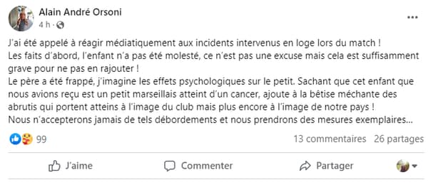 Le message d'Alain Orsoni sur sa page Facebook