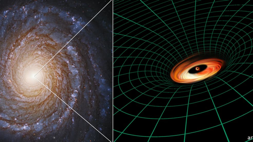 A gauche, une photographie prise par le télescope Hubble; à droite, une vue d'artiste du trou noir en son coeur. 
