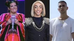 Netta Barzilai (gagnante de l'édition 2018), Bilal Hassani et Mahmood (les candidats français et italien du cru 2019)