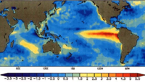 La trace du phénomène  El Niño, bien visible en rouge, dans le Pacifique équatorial.