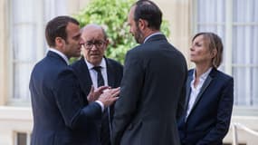 Marielle de Sarnez le 23 mai 2017, entourée du président de la République Emmanuel Macron, du Premier ministre Edouard Philippe, et du ministre des Affaires étrangères Jean-Yves Le Drian. 