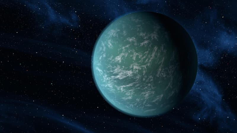Illustration de Kepler22-b, une exoplanète entièrement recouverte par un océan.
