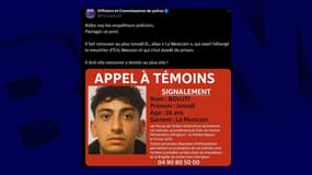 Capture d'écran d'une publication X des Officiers et Commissaires de police / @PoliceSCSI. Sur l'avis de recherche figure le visage d'Ismaël Boujti ainsi qu'un numéro permettant de joindre les forces de l'ordre du Vaucluse. 