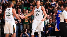 Rudy Gobert et Boris Diaw sous le maillot des Utah Jazz