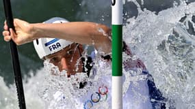 Le Français Titouan Castryck participe à la compétition de canoë slalom en kayak simple au stade nautique de Vaires-sur-Marne lors des Jeux olympiques de Paris 2024, le 30 juillet 2024