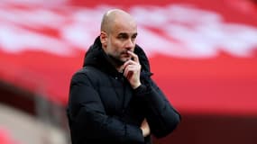 L'entraîneur espagnol de Manchester City, Pep Guardiola, lors de la demi-finale de la Coupe d'Angleterre contre Chelsea, le 17 avril 2021 au stade de Wembley à Londres