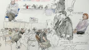Croquis d'audience de Dominique Pelicot et des hommes au procès des viols de Mazan, jugés pour la plupart pour viols aggravés sur Gisèle Pelicot au tribunal d'Avignon, le 25 novembre 2024