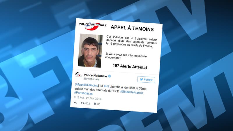 La police a lancé un appel à témoins, ce dimanche, pour identifier le troisième kamikaze du Stade de France. 
