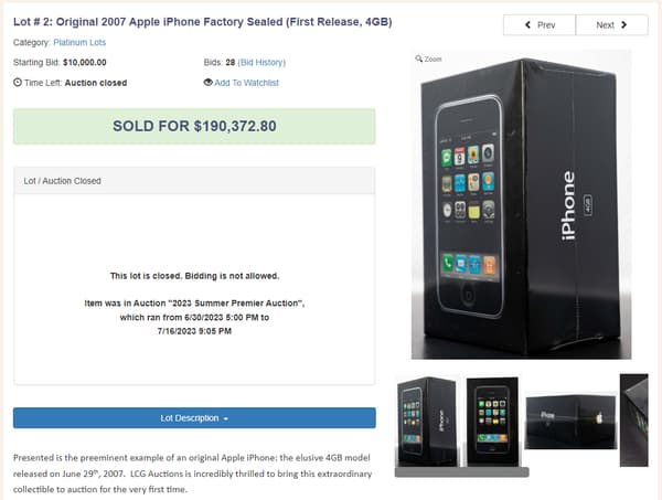 Un iPhone de première génération a été vendu aux enchères le 16 juillet 2023 pour 158.644 dollars.