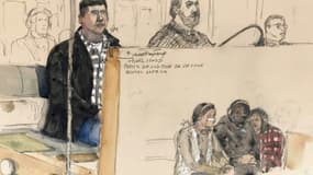 Croquis d'audience réalisé le 4 décembre 2023 montrant Nicolas Zepeda devant la cour d'assises de Haute-Saône à Vesoul, à l'ouverture de son procès en appel pour l'assassinat de Narumi Kurosaki