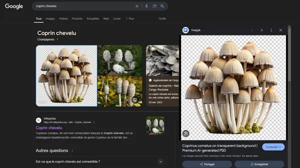 La première image qui apparaît lorsque vous effectuez une recherche "Coprin poilu" a été généré par l’IA. 