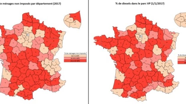 La carte des Français qui ne paient pas d 'impôts sur le revenu et des Français qui roulent en diesel