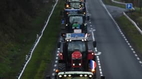 Des agriculteurs sur la route, ici à La Croix-Blanche, dans le Lot-et-Garonne pour se rendre, à l'appel de la Coordination rurale, vers le marché d'intérêt national (MIN) à Rungis, le 29 janvier 2024
