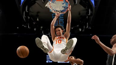 Zaccharie Risacher lors de la victoire des Atlanta Hawks contre les Brooklyn Nets en NBA - le 10/04/2025