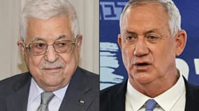 Montage créé le 30 août 2021 montre le président palestinien Mahmoud Abbas (G) et le ministre israélien de la Défense Benny Gantz. La photo de M. Abbas date du 1er août 2021 et a été fournie par l'Autorité palestinienne et celle de M. Gantz du 7 juin 2021 lors d'une conférence de presse à Jérusalem