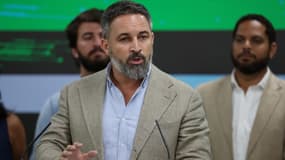 Santiago Abascal, le leader du parti d'extrême droite Vox, le 23 juillet 2023 à Madrid (Espagne).