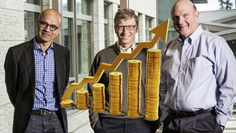 Le Pdg Satya Nadella, le fondateur Bill Gates et les plus gros actionnaire Steve Ballmer.