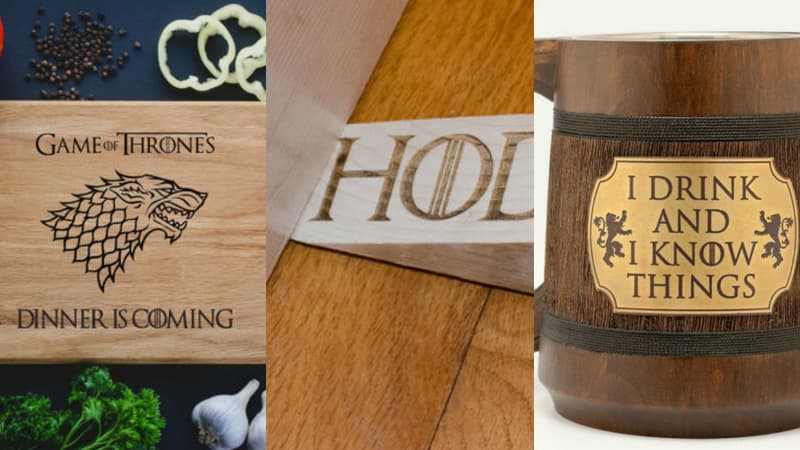 La planche à découper Game of Thrones, le butoir de porte Hodor et la chope à bière de Tyrion Lannister sont en vente sur le site Etsy.com/fr.