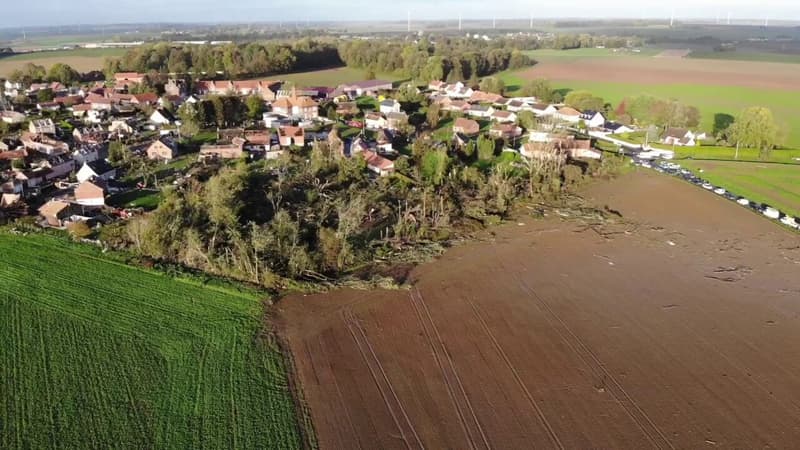 Le village de Bihucourt filmé par un drone au lendemain du passage de la tornade
