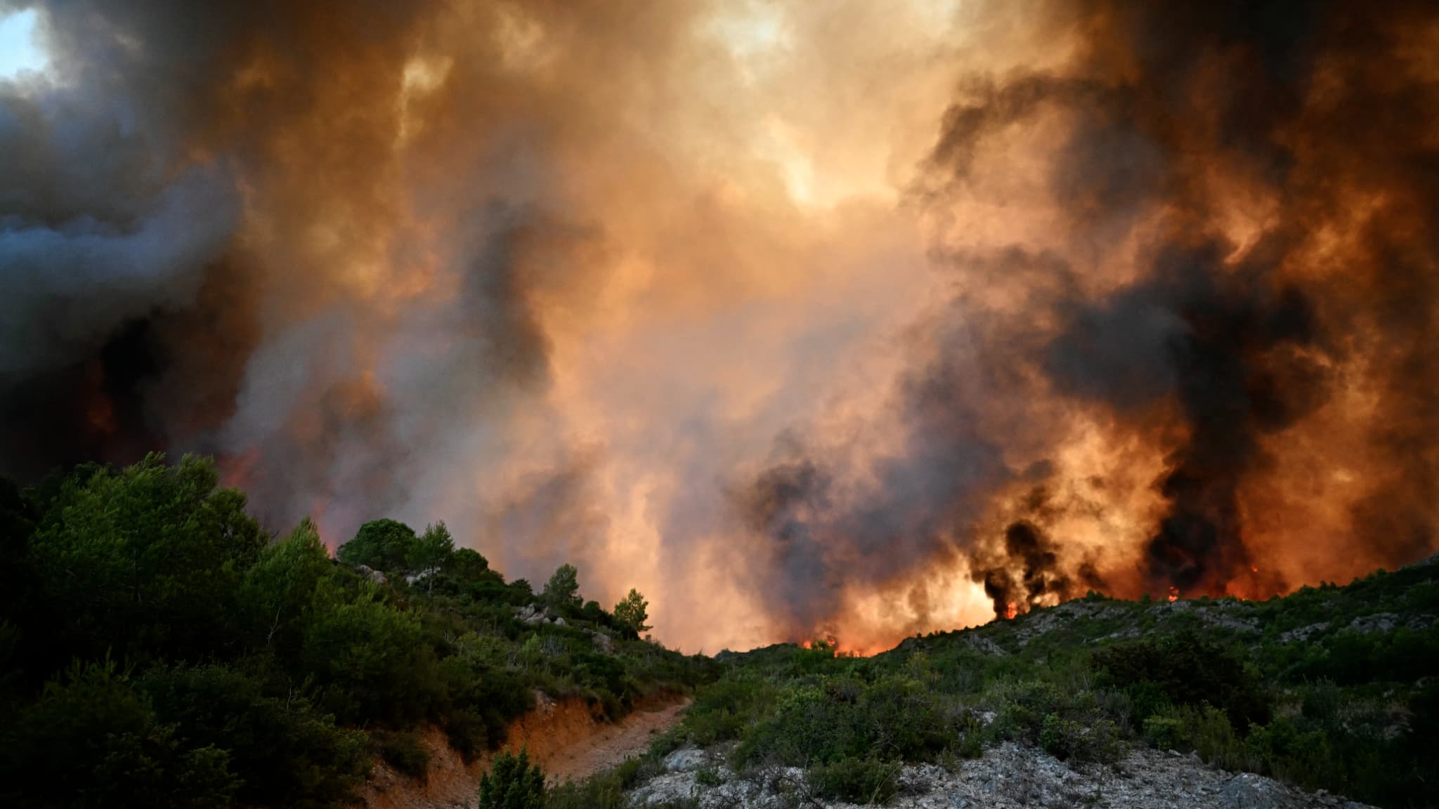 Une forêt est engloutie par les flammes dans l'incendie près de Fontjoncouse, dans l'Aude, le 6 août 2025. Une forêt est engloutie par les flammes dans l'incendie près de Fontjoncouse, dans l'Aude, le 6 août 2025.