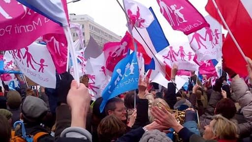 Des manifestants défilent aux couleurs du collectif de la Manif pour tous.