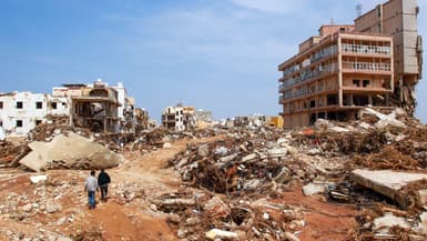 Un quartier ravagé par les récentes inondations à Derna en Libye, le 11 septembre 2023.