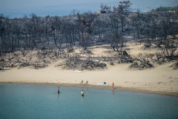 Une plage où des incendies ont détruit les bois, à Glystra près du village de Gennadi dans la partie sud de l'île grecque de Rhodes, le 27 juillet 2023.