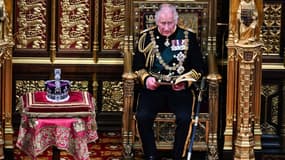Le prince Charles en train de lire le discours de la Reine Elizabeth ce mardi, assis près de la couronne impériale à Londres.