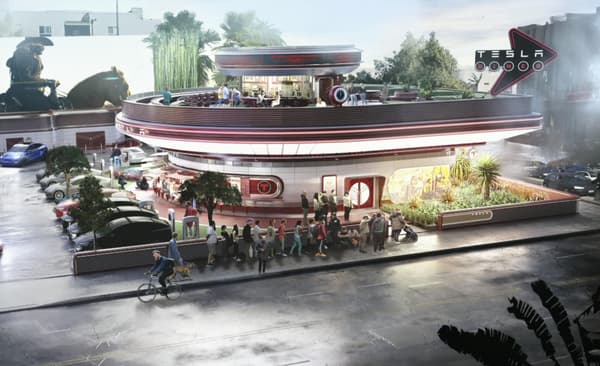 Le visuel du restaurant-cinéma-station de recharge imaginé par Tesla et montré lors de l'Investor Day de mars 2023.
