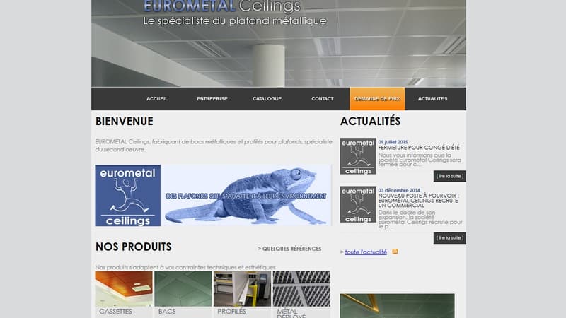 Capture du site internet de l'entreprise Eurometal ceilings