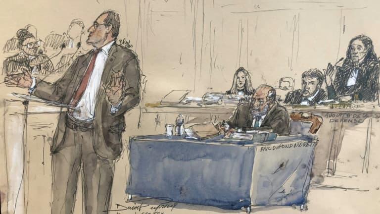 Croquis d'audience réalisé le 10 novembre 2023 à Paris montrant l'ancien Premier ministre Jean Castex témoignant lors du procès pour prise illégale d'intérêt du garde des Sceaux Eric-Dupond-Moretti 