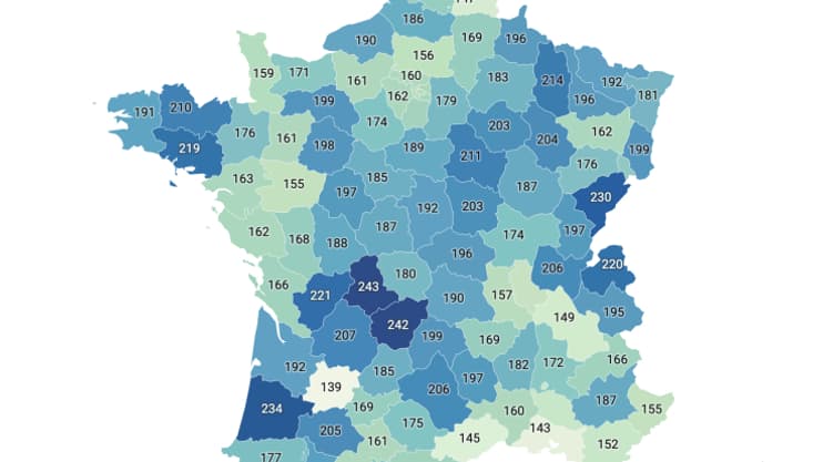 Prix moyens par département d'un DPE pour un T3 au 1er décembre 2024, selon l'entreprise Kiwidiag.