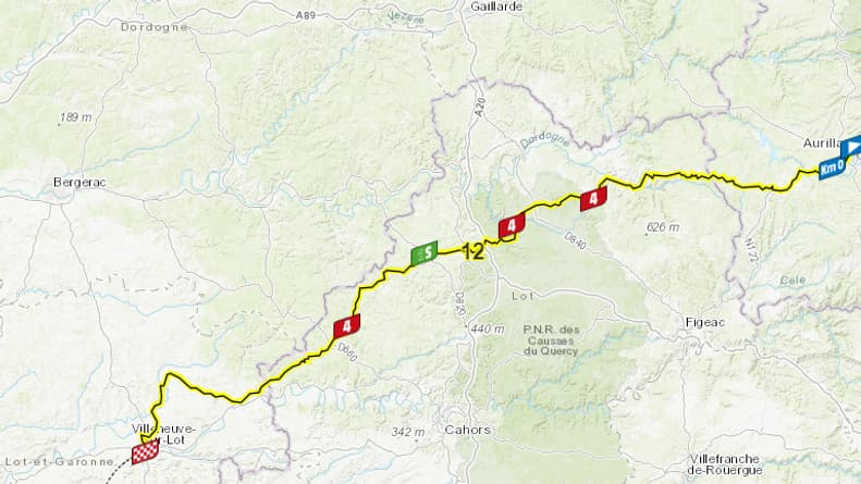 Le parcours de la 12e étape du Tour de France entre Aurillac et Villeneuve-sur-Lot